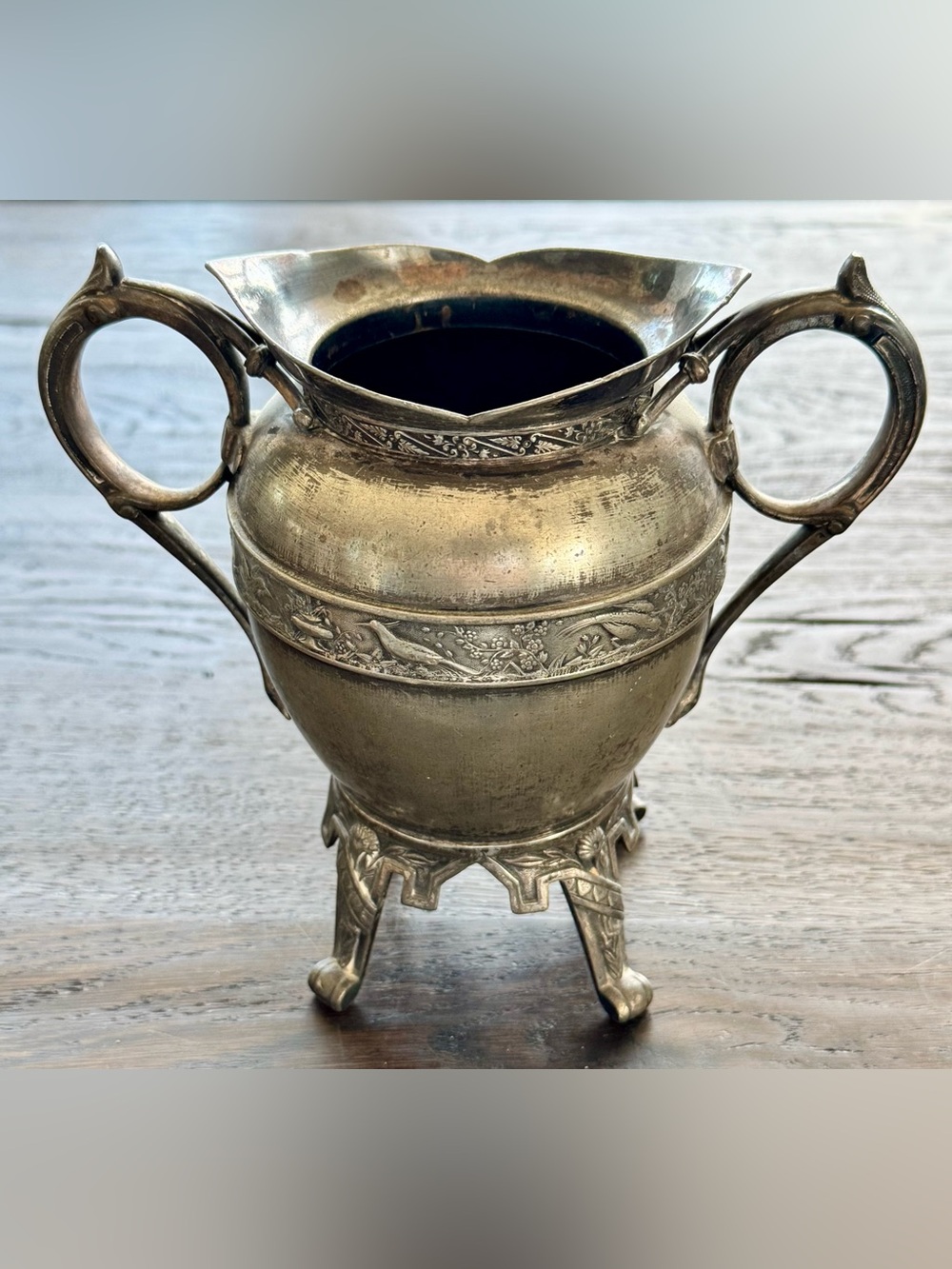 Antique Meriden Britannia Silverplate Waste Bowl Bird Floral Repoussé 12867